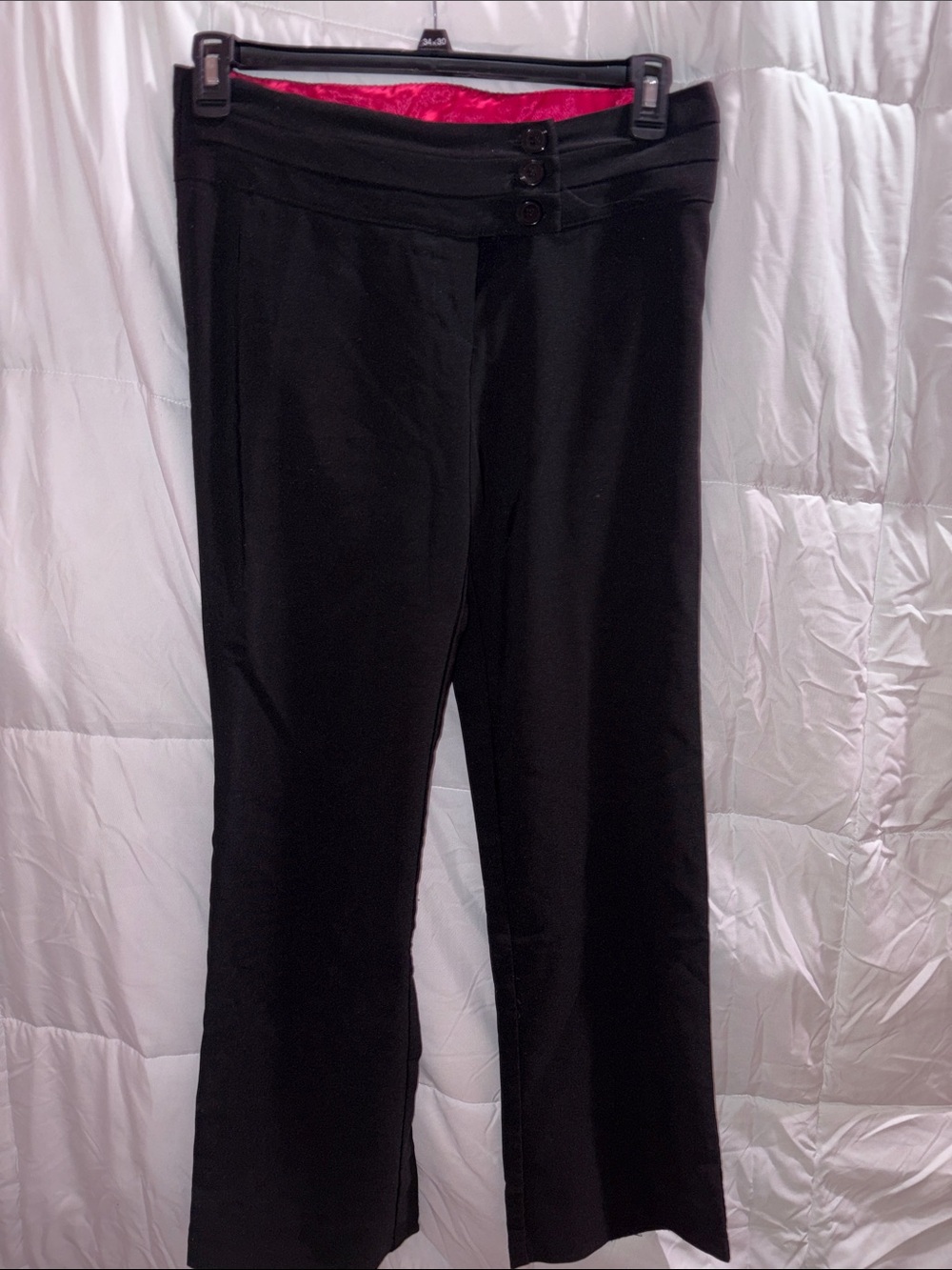 Black Boot-Cut Stretch Pants with Pink Waistband, Size 11